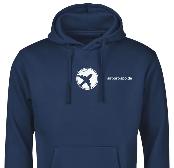 Dunkelblauer Team-Hoodie der Airport Apotheke mit Flugzeug-Signet und Schriftzug airport-apo.de