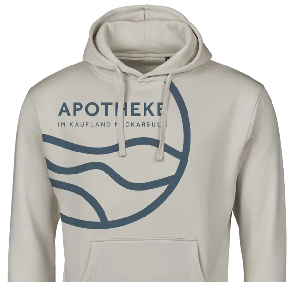 Heller Team-Hoodie der Apotheke im Kaufland Neckarsulm mit großflächigem Wellen-Motiv