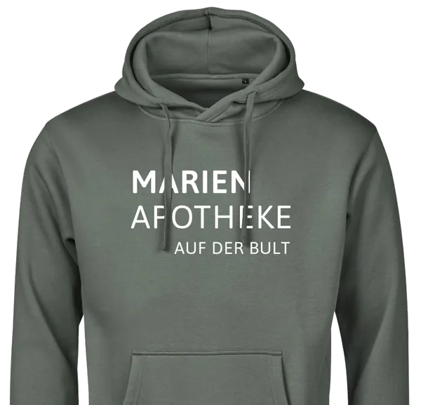 Graugrüner Team-Hoodie der Marien Apotheke mit weißem Schriftzug „Marien Apotheke — Auf der Bult“